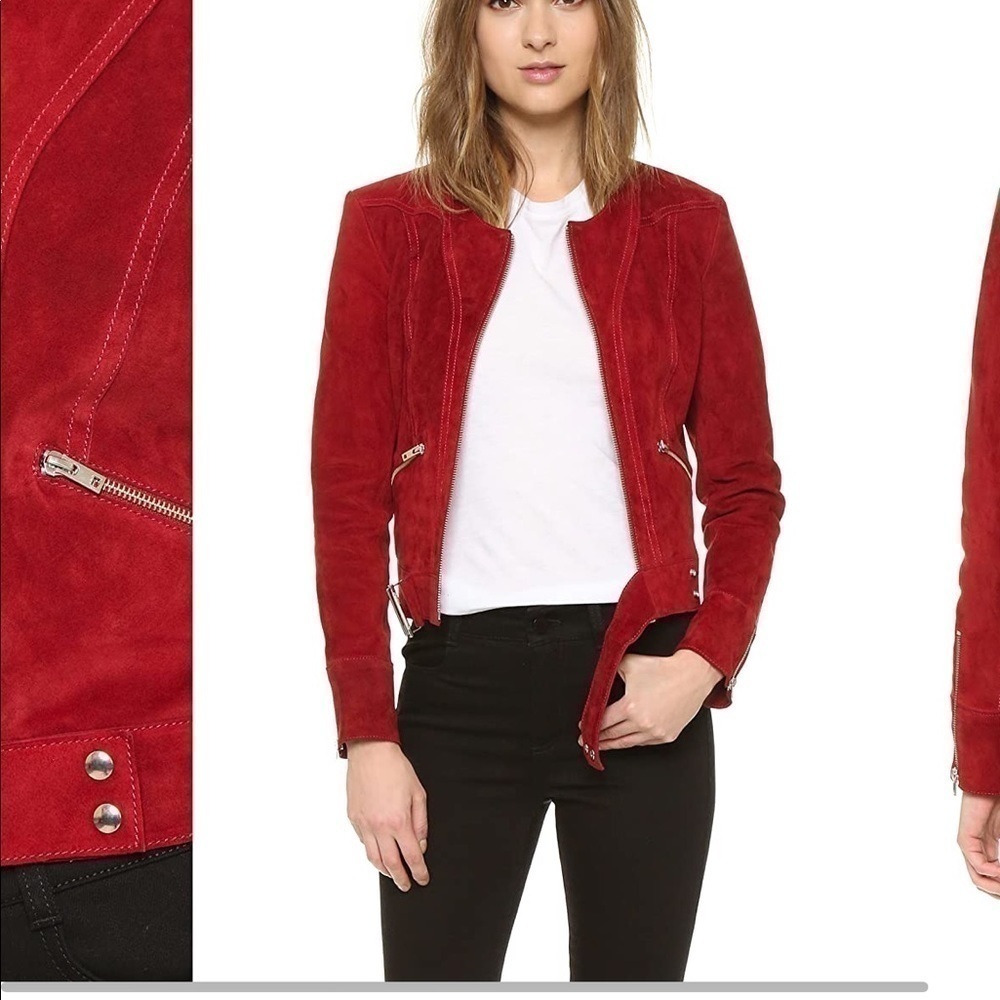 IRO Tatiana Red Suede Leather Jacket Silver Zippers Buckle Belt Fall Size 8 (40) - Picture 5 of 13